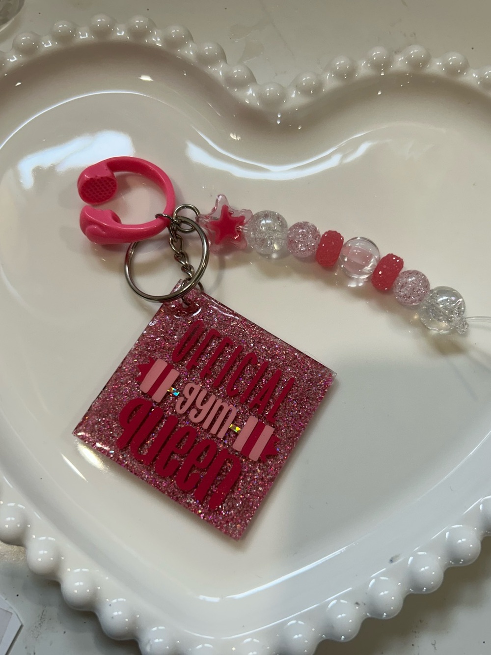 Official Gym Queen Pink Glitter Keychain Charm